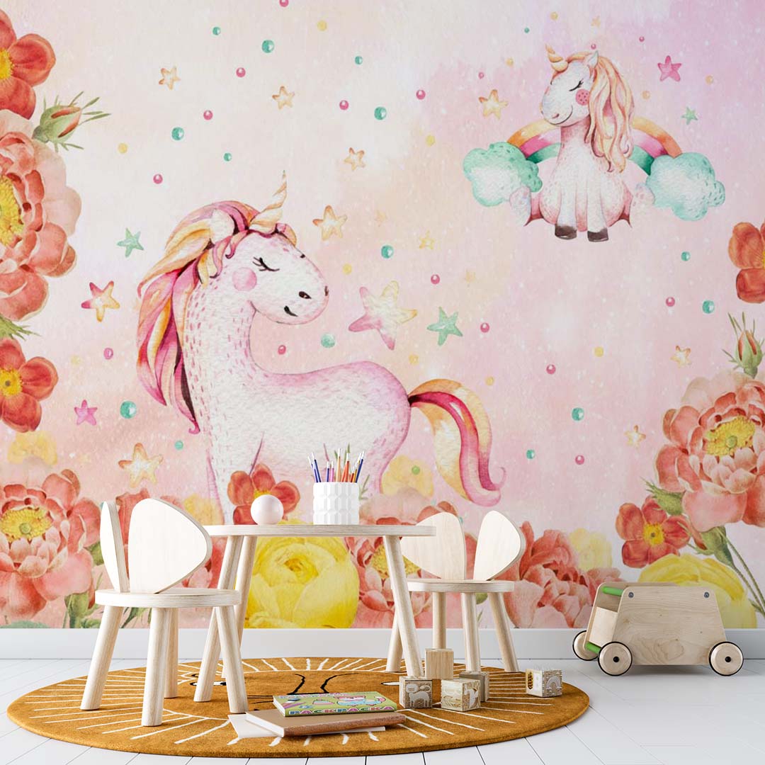 Kids Wall Mural Unicorn with Peony Flowers Watercolour Pink Nursery Wallpaper