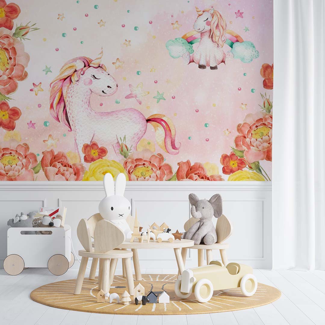 Kids Wall Mural Unicorn with Peony Flowers Watercolour Pink Nursery Wallpaper