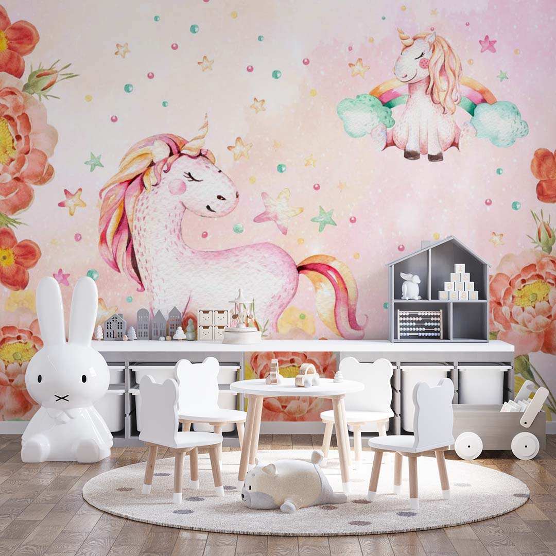 Kids Wall Mural Unicorn with Peony Flowers Watercolour Pink Nursery Wallpaper