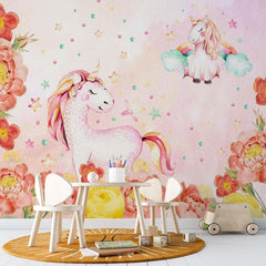 Custom Kids Wall Mural Unicorn with Peony Flowers Watercolour Pink Nursery Wallpaper