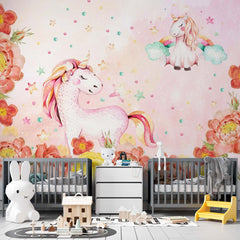 Custom Kids Wall Mural Unicorn with Peony Flowers Watercolour Pink Nursery Wallpaper