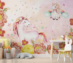 Custom Kids Wall Mural Unicorn with Peony Flowers Watercolour Pink Nursery Wallpaper