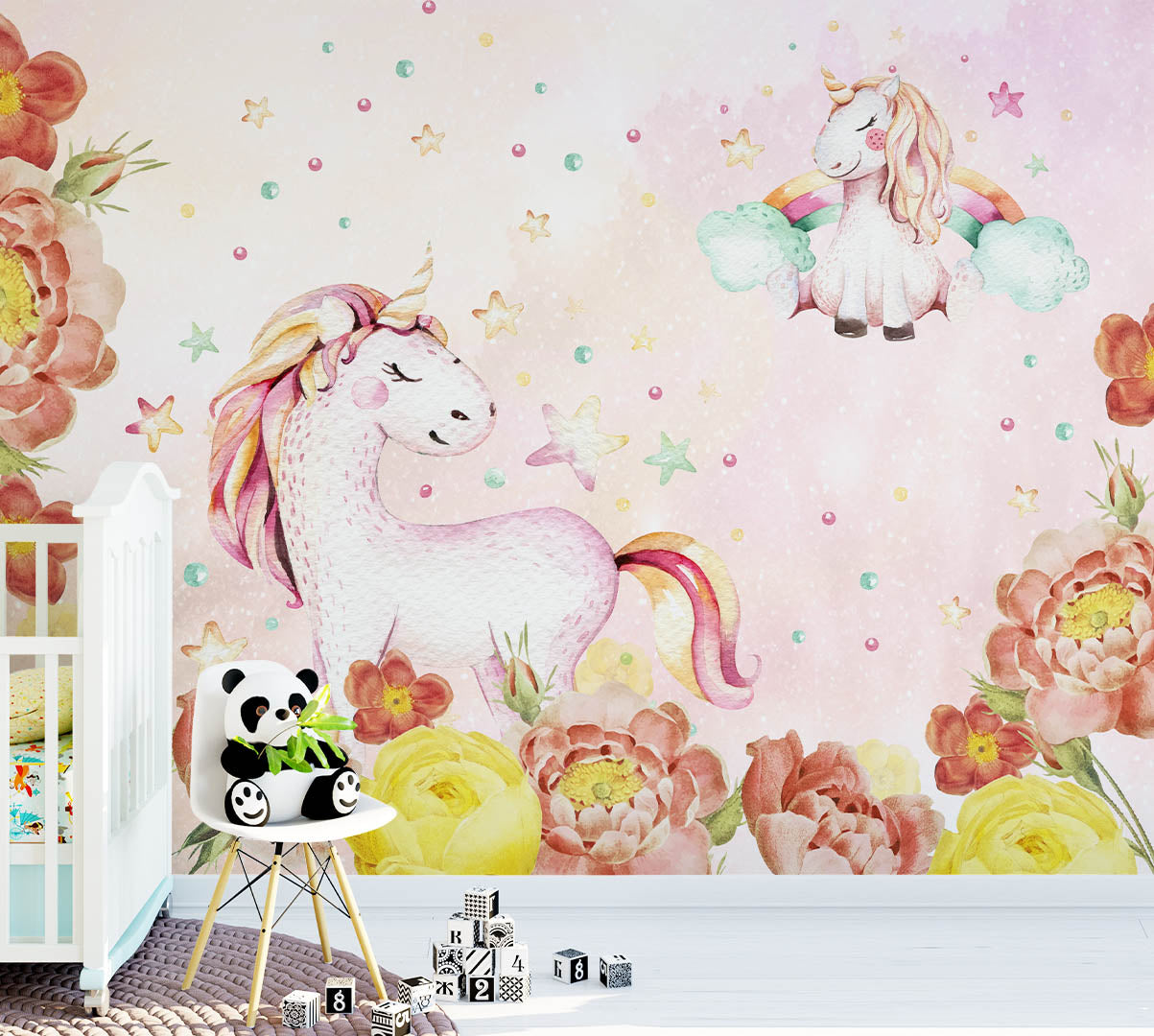 Kids Wall Mural Unicorn with Peony Flowers Watercolour Pink Nursery Wallpaper