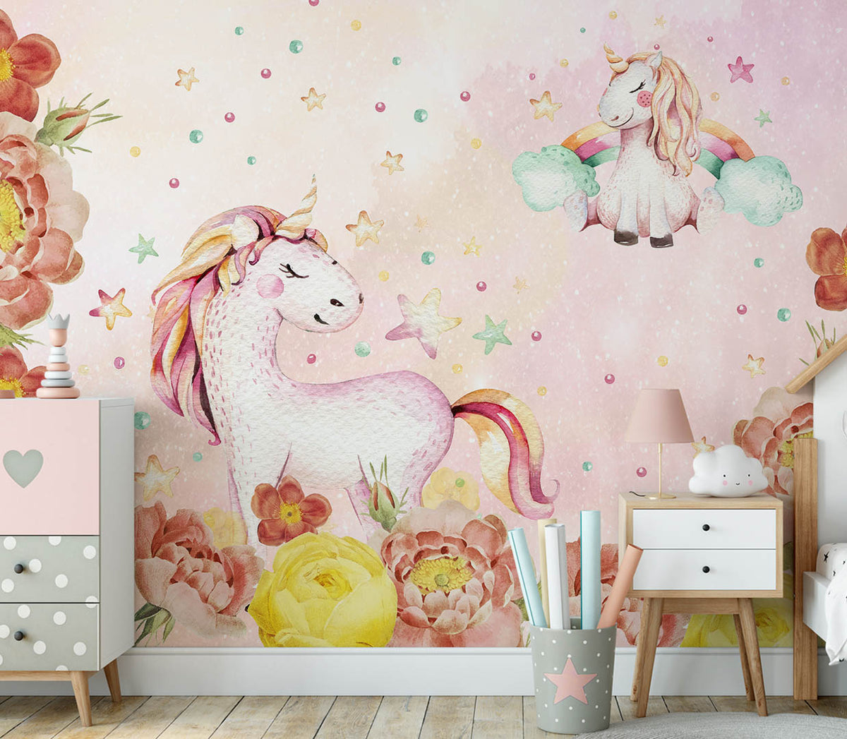 Kids Wall Mural Unicorn with Peony Flowers Watercolour Pink Nursery Wallpaper