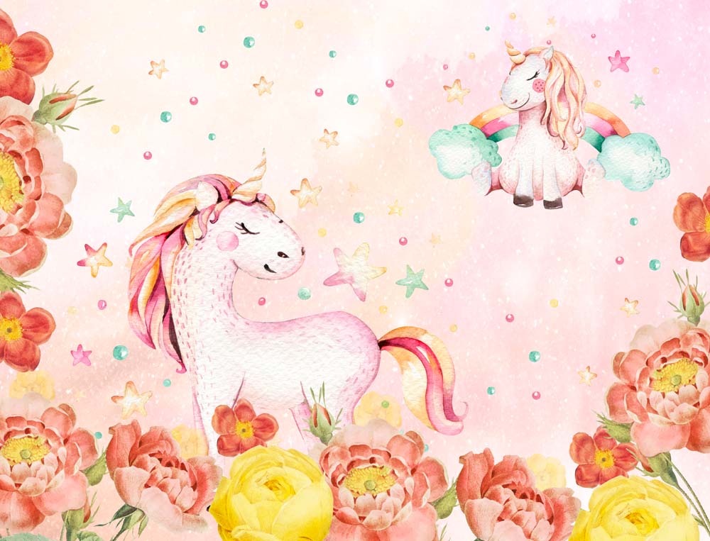 Eenhoorn en pioenrozen – roze aquarel fotobehang voor de babykamer