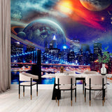 Futuristic Cityscape Wall Mural Wallpaper - Planets and Space Over Urban Skyline