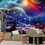 Futuristic Cityscape Wall Mural Wallpaper - Planets and Space Over Urban Skyline