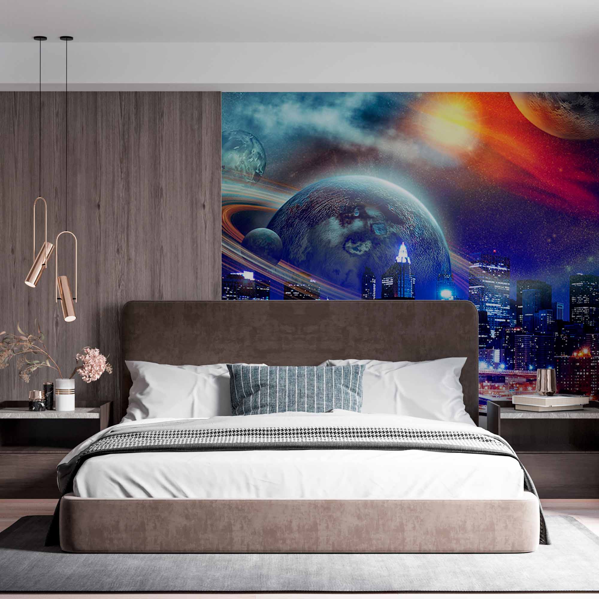 Futuristic Cityscape Wall Mural Wallpaper - Planets and Space Over Urban Skyline