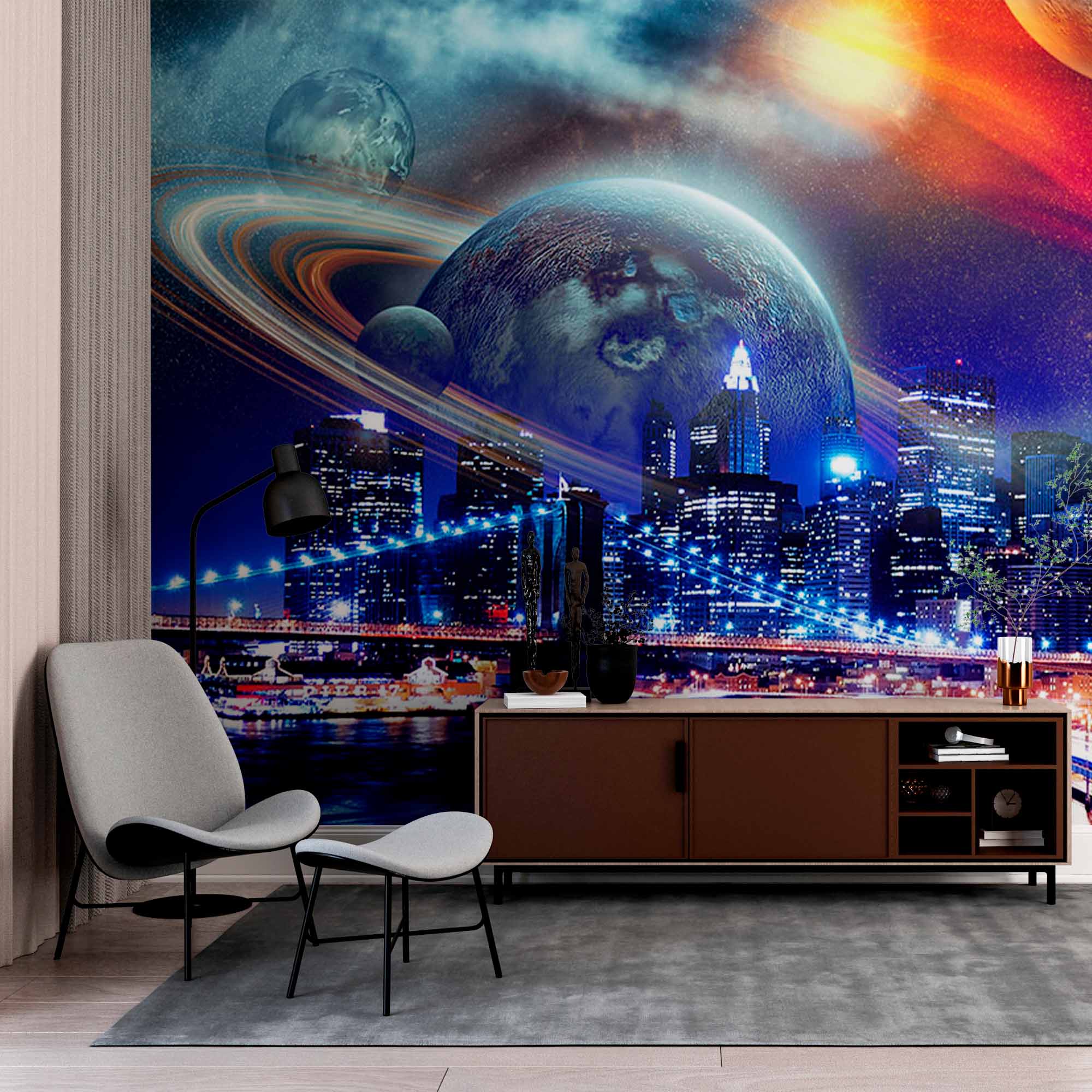 Futuristic Cityscape Wall Mural Wallpaper - Planets and Space Over Urban Skyline