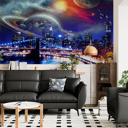 Custom Futuristic City Skyline with Planets and Stars Sci-Fi Wallpaper Murals