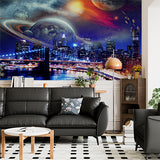 Futuristic City Skyline with Planets and Stars Sci-Fi Wallpaper Murals