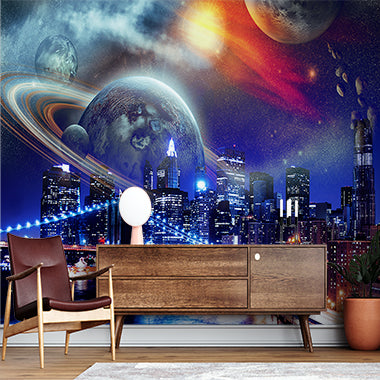 Futuristic City Skyline with Planets and Stars Sci-Fi Wallpaper Murals