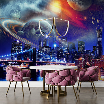 Futuristic City Skyline with Planets and Stars Sci-Fi Wallpaper Murals