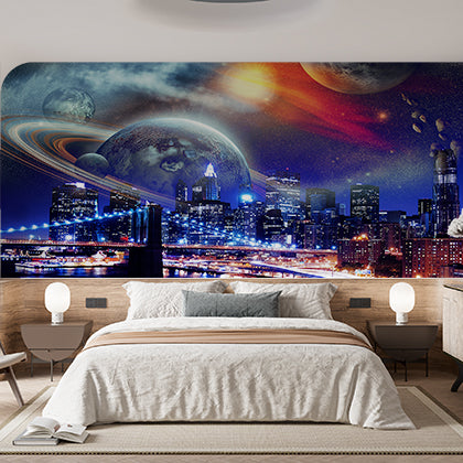 Futuristic City Skyline with Planets and Stars Sci-Fi Wallpaper Murals