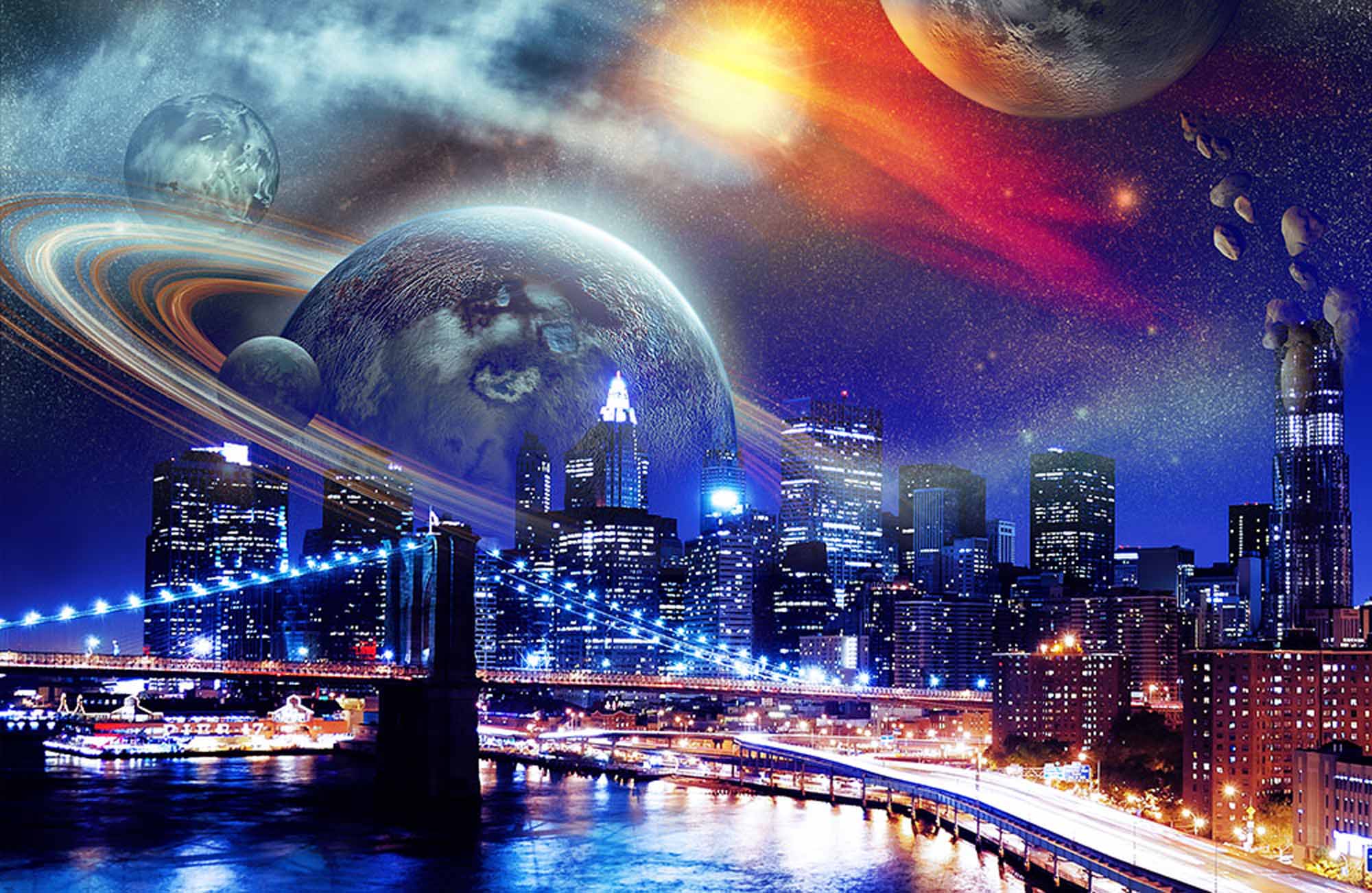 Futuristic Cityscape Wall Mural Wallpaper - Planets and Space Over Urban Skyline