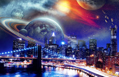 Custom Futuristic Cityscape Wall Mural Wallpaper - Planets and Space Over Urban Skyline