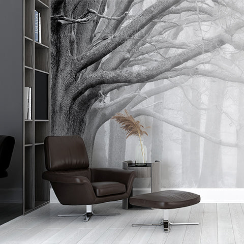 Black and White Trees Wall Mural Foggy Forest Wallpaper