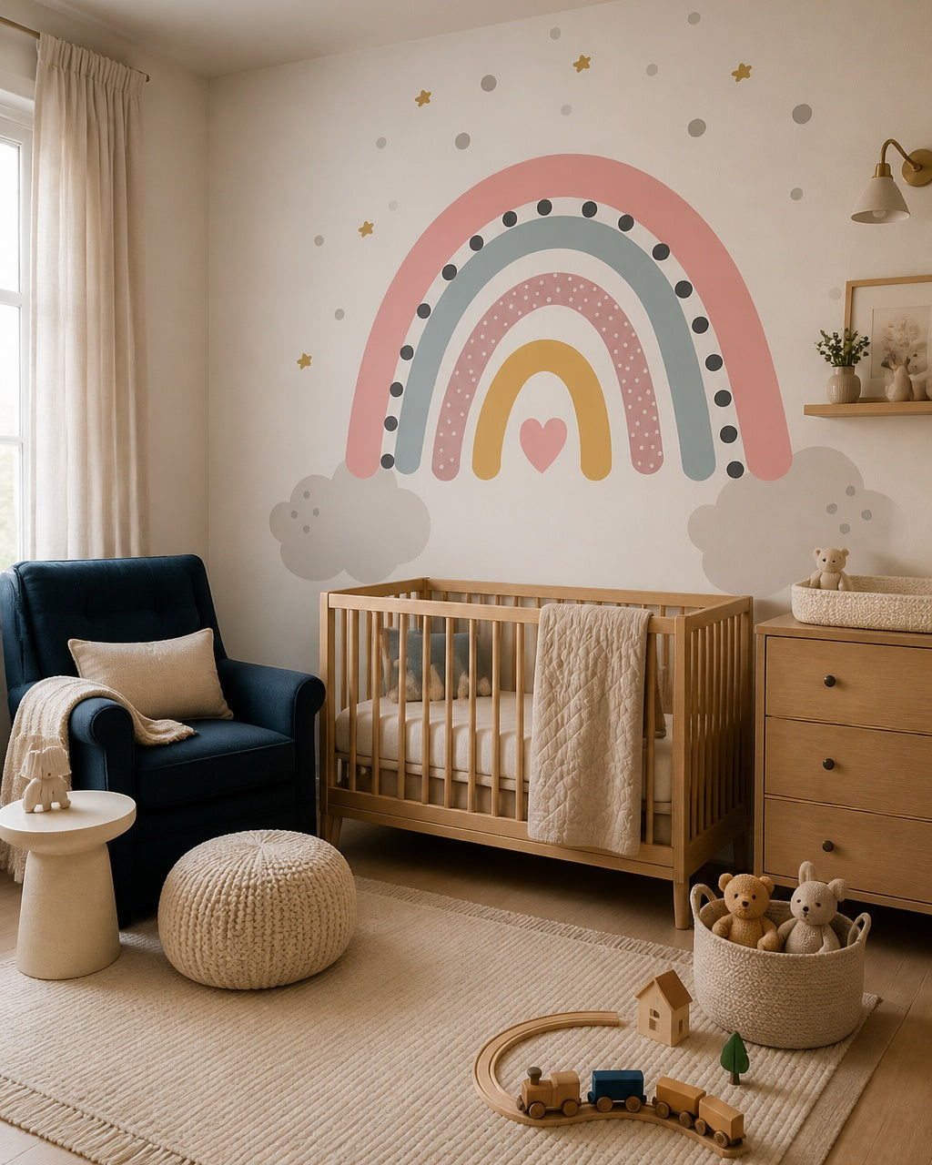 Pastel rainbow dreams nursery wallpaper in a modern nursery with a crib.