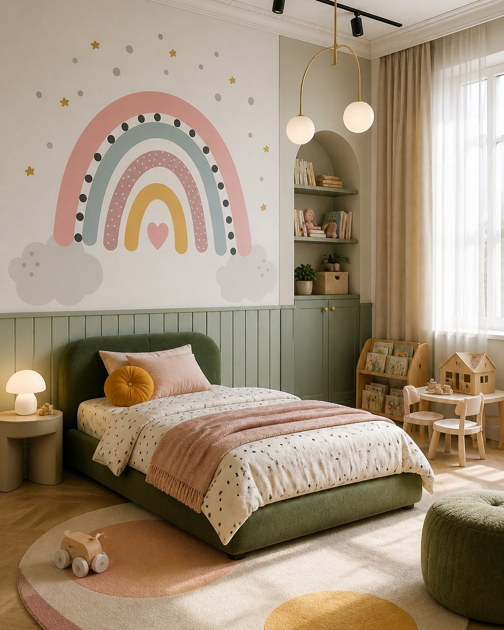 Pastel rainbow dreams nursery wallpaper in a toddler bedroom with a child-sized bed.