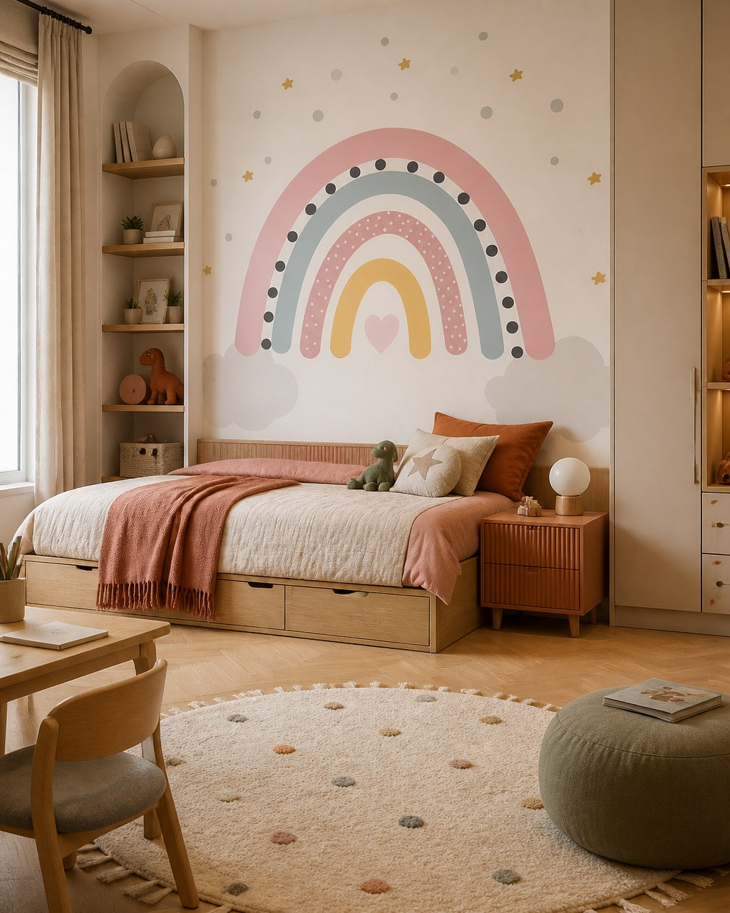 Pastel rainbow dreams nursery wallpaper in a boy’s bedroom.