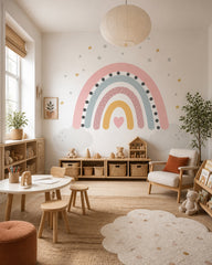 Pastel rainbow dreams nursery wallpaper in a children’s playroom.