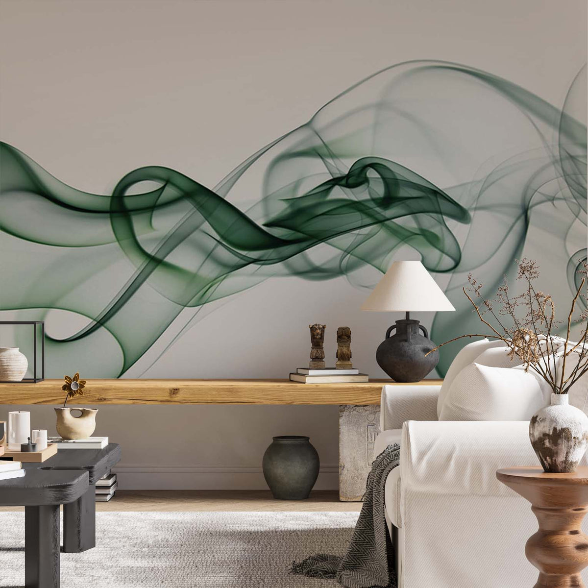 Art Wall Mural Green Wave Smoke Abstract Wallpaper