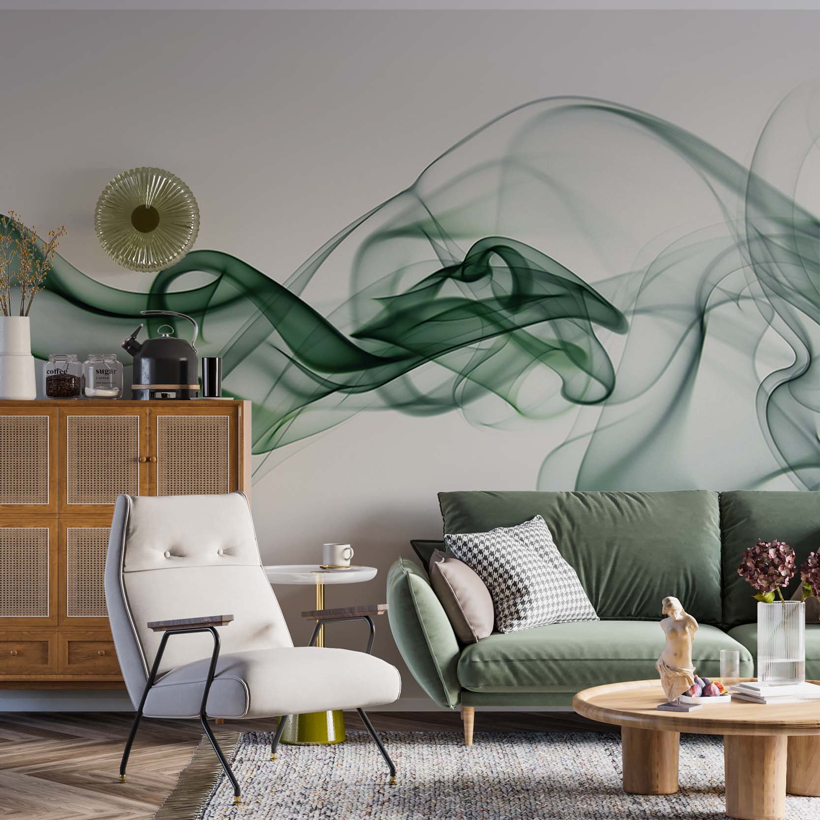 Art Wall Mural Green Wave Smoke Abstract Wallpaper