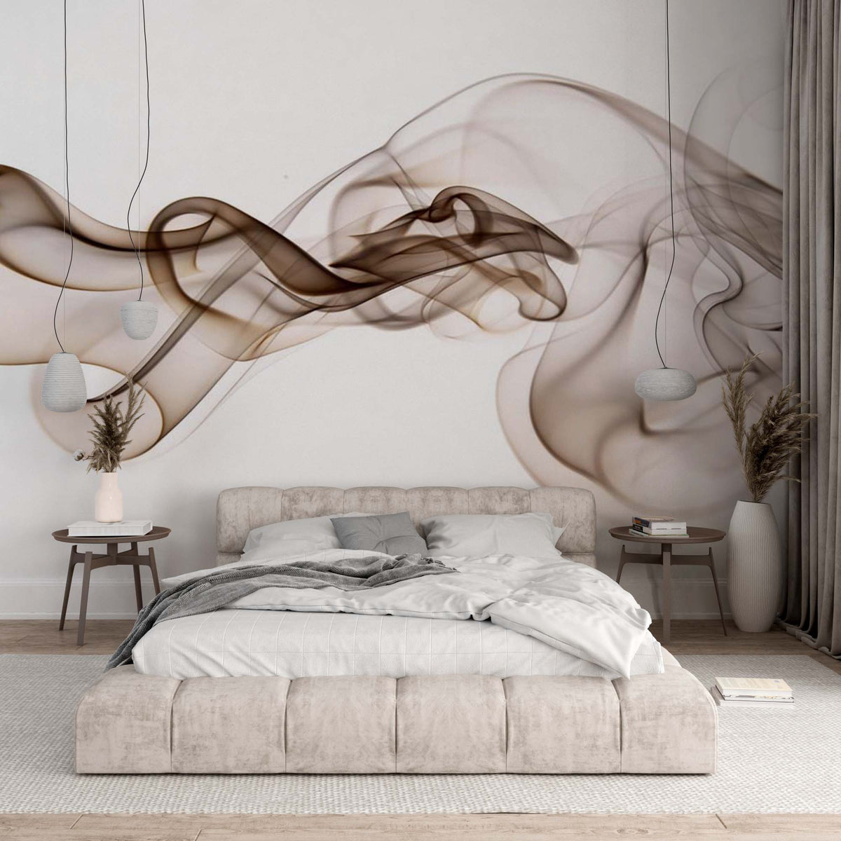 Abstract brown and gray smoke wave wall mural in a neutral modern bedroom