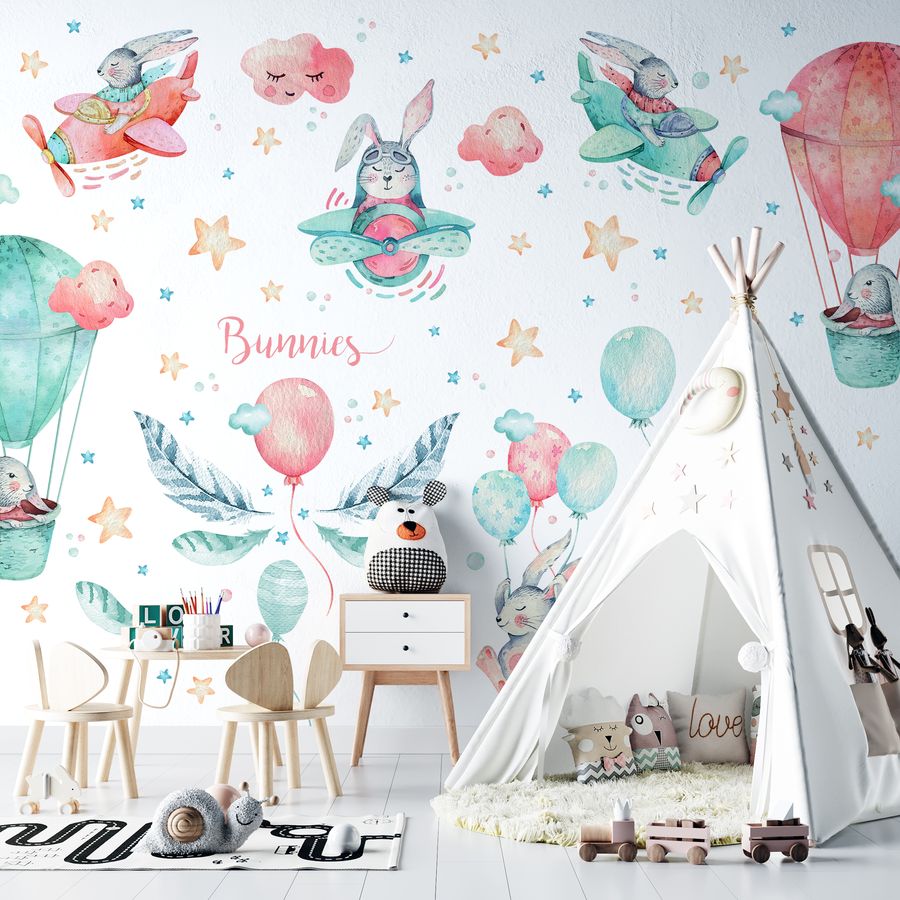 Bunny with Hot Air Balloon Wall Decals for Nursery Kids Room