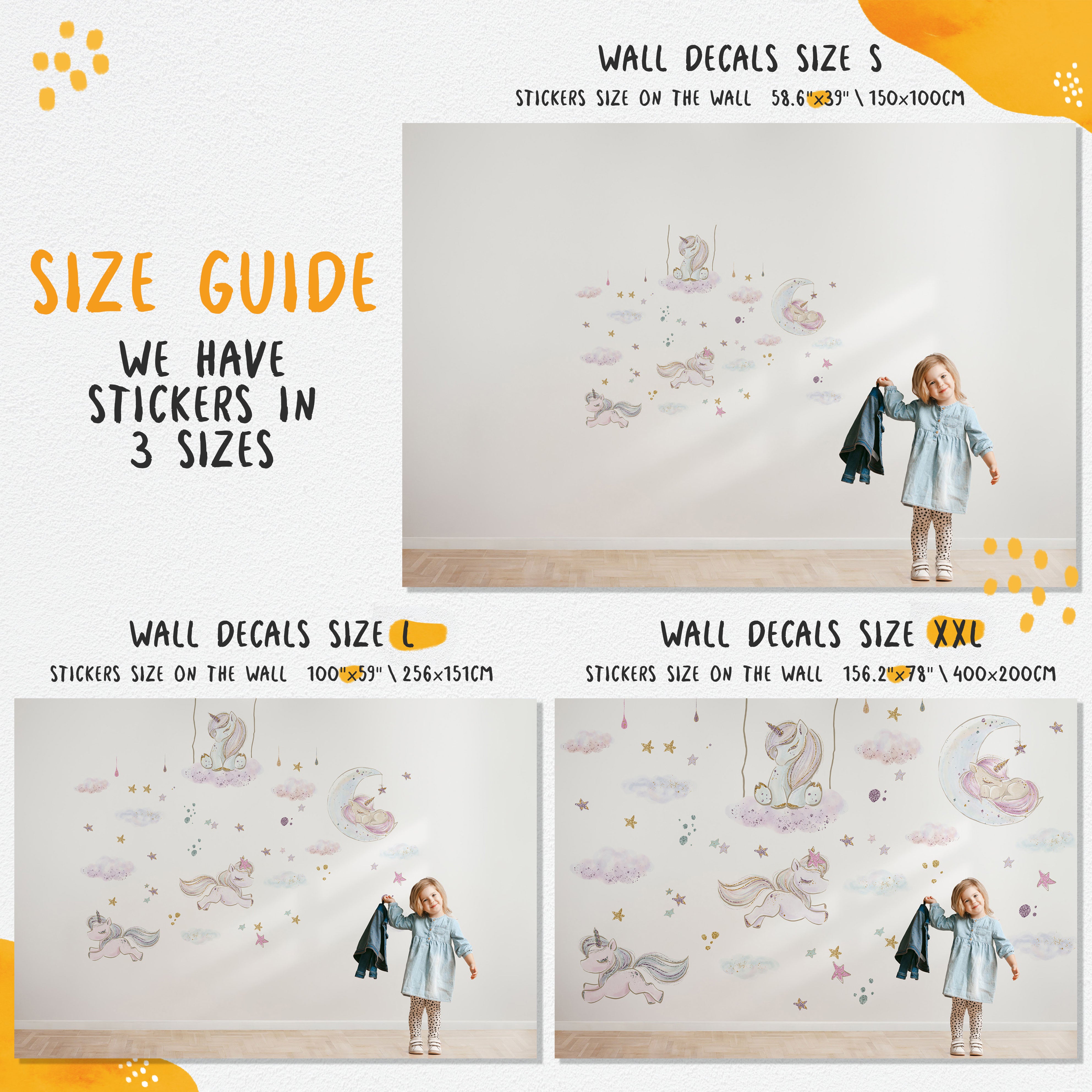 Unicorn Wall Stickers Pack - Kids Wall Decals with Glitter Stars and Clouds