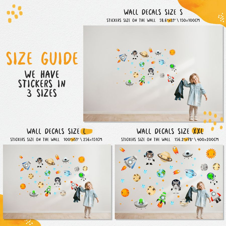 Large Solar System Wall Decals for Kids - Space Animal Wall Stickers Boys Room Playroom