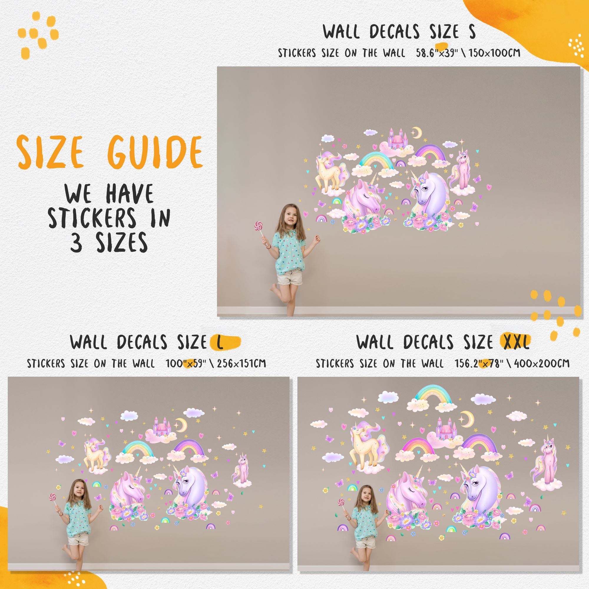 Large Unicorn Wall Stickers Pack - Bright Kids Wall Decals for Girls Room