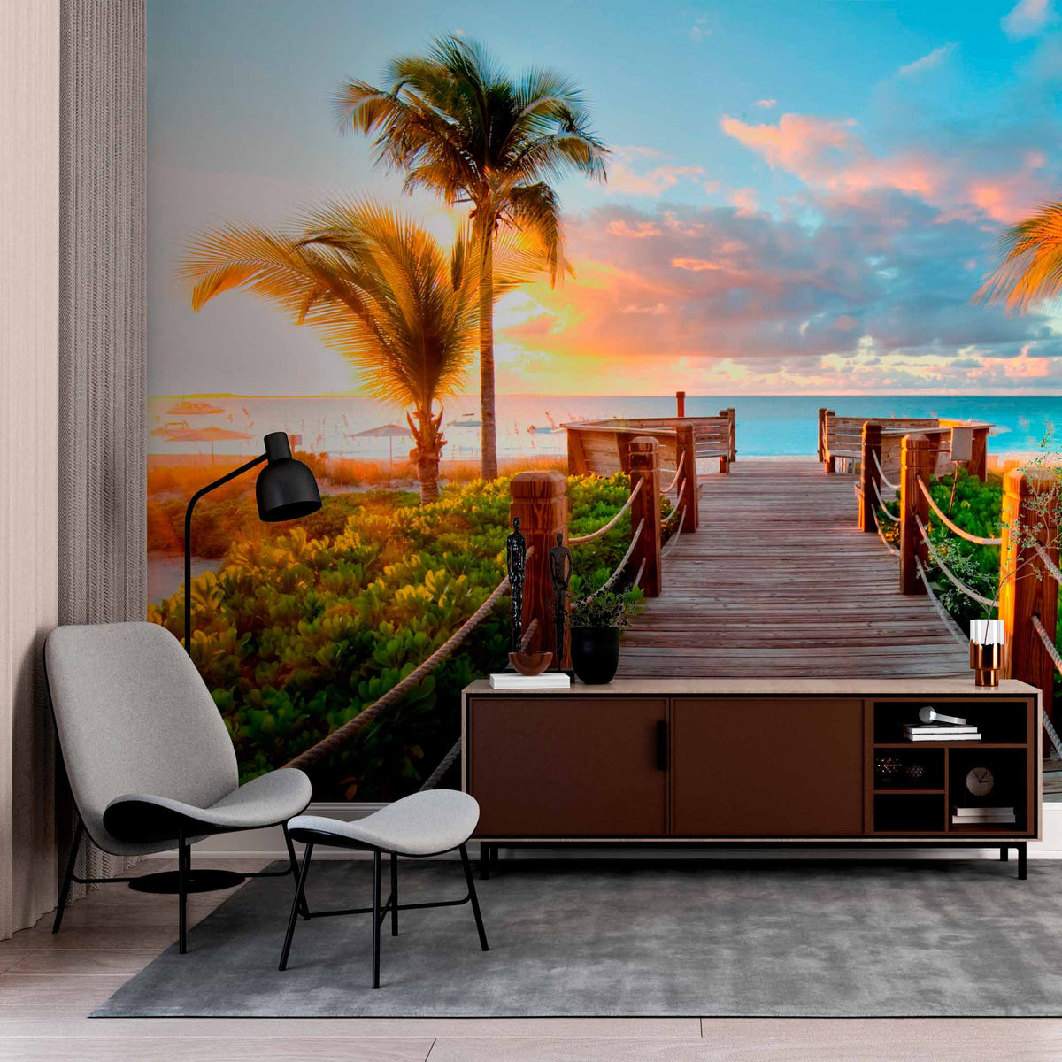 Sunset Beach Boardwalk Wall Mural Wallpaper