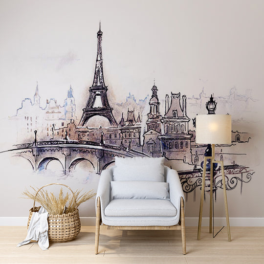 Watercolor Sketch of Paris with Eiffel Tower and Vintage Bridge Wall Murals