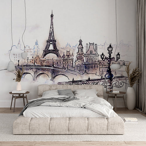 Watercolor Sketch of Paris with Eiffel Tower and Vintage Bridge Wall Murals