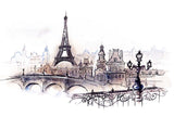 Watercolor Sketch of Paris with Eiffel Tower and Vintage Bridge Wall Murals