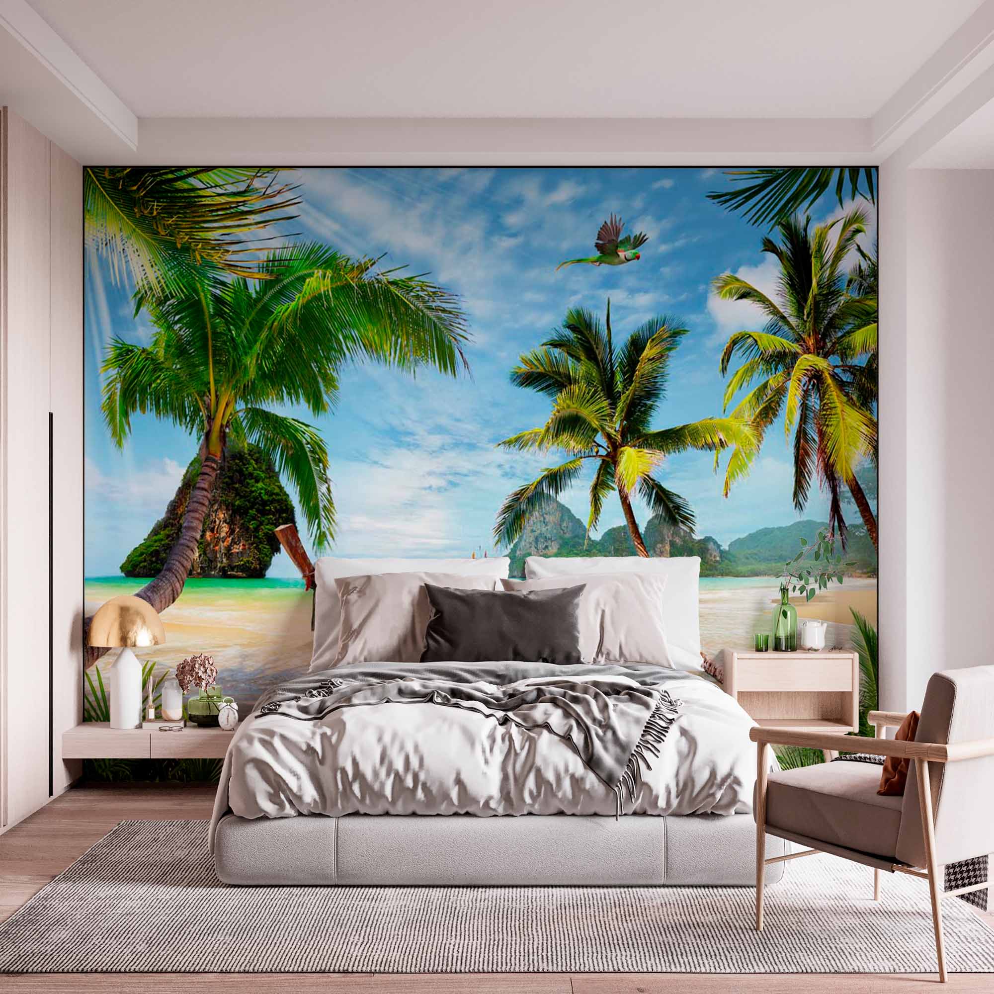 Tropical Paradise Beach with Boat Wall Mural Wallpaper