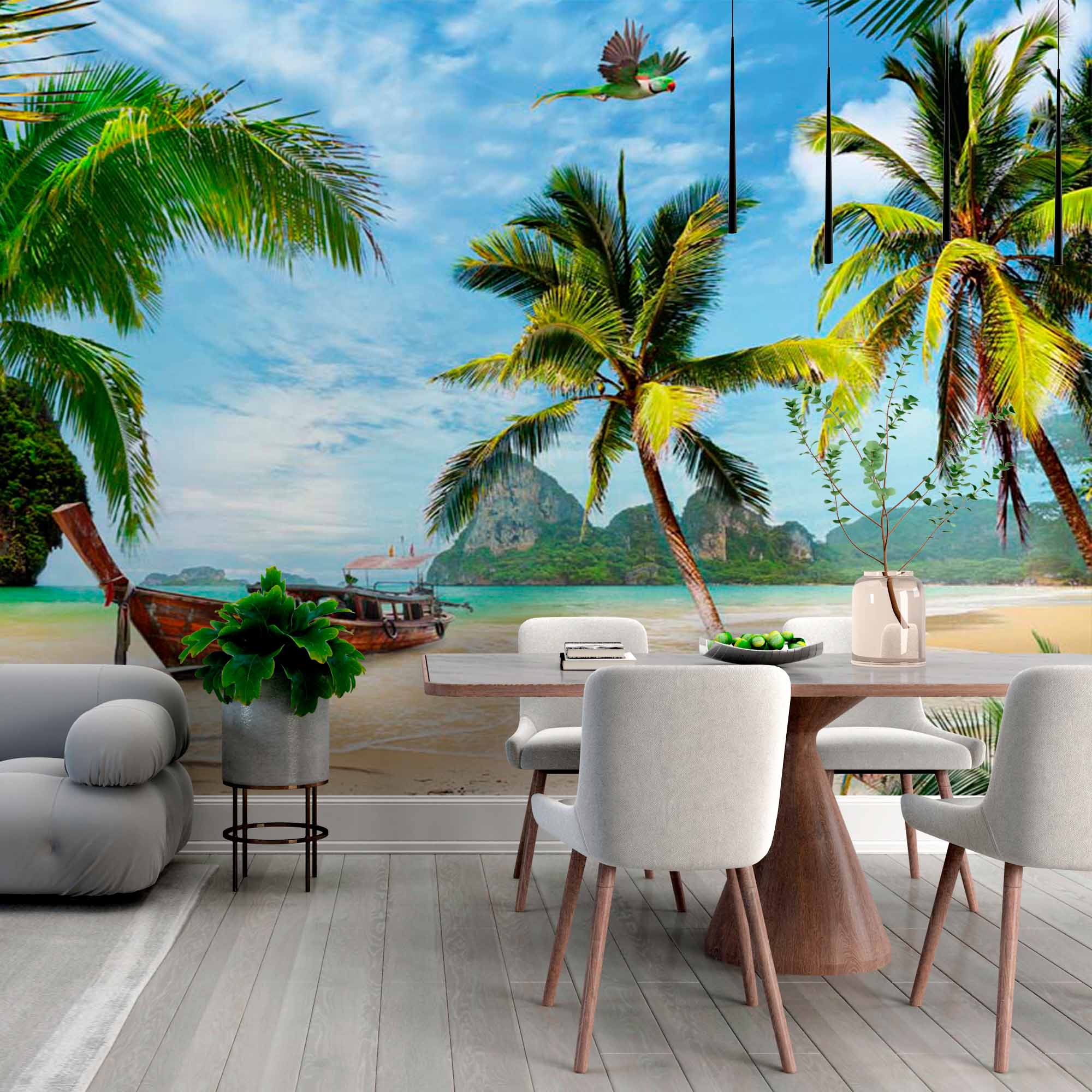 Tropical Paradise Beach with Boat Wall Mural Wallpaper