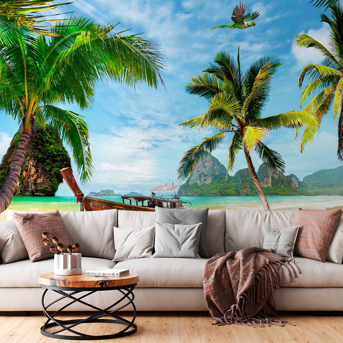 Tropical Paradise Beach with Boat Wall Mural Wallpaper