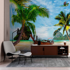 Custom Tropical Paradise Beach with Boat Wall Mural Wallpaper