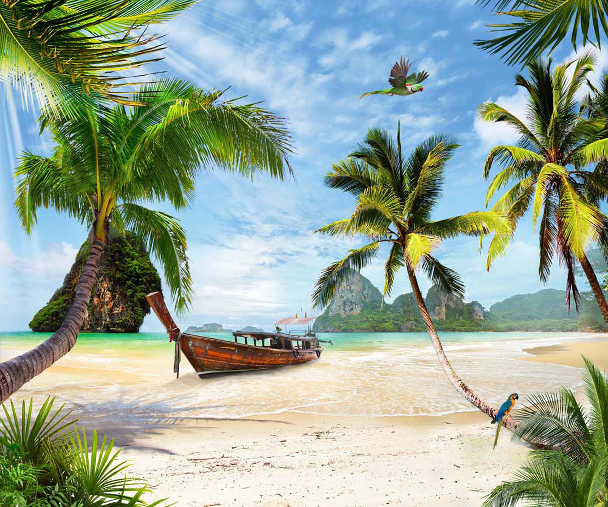 Tropical Paradise Beach with Boat Wall Mural Wallpaper