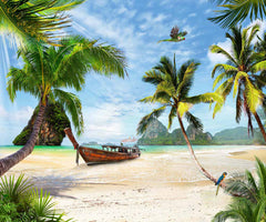 Custom Tropical Paradise Beach with Boat Wall Mural Wallpaper