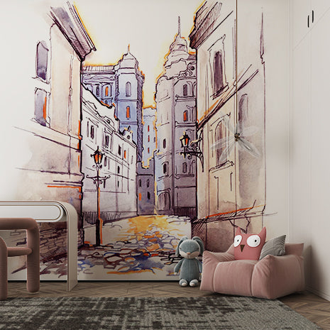 Vintage European Street Scene Watercolor Wall Murals