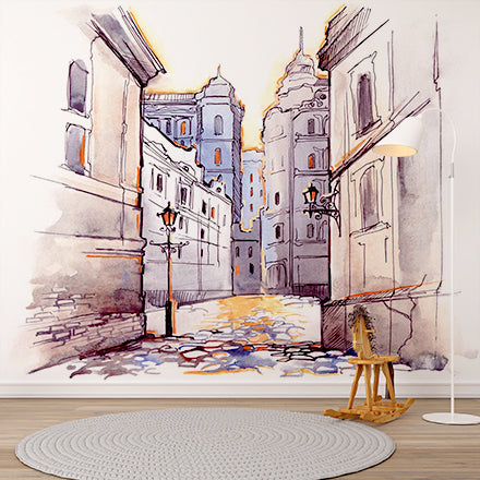 Vintage European Street Scene Watercolor Wall Murals