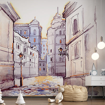 Vintage European Street Scene Watercolor Wall Murals