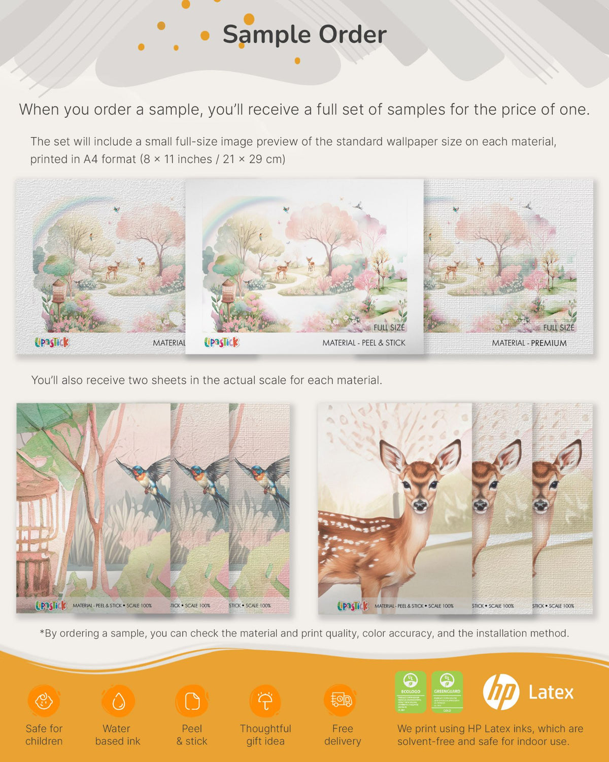 Lipastick wallpaper sample set: A4 full-image preview and actual-scale sheets on each material