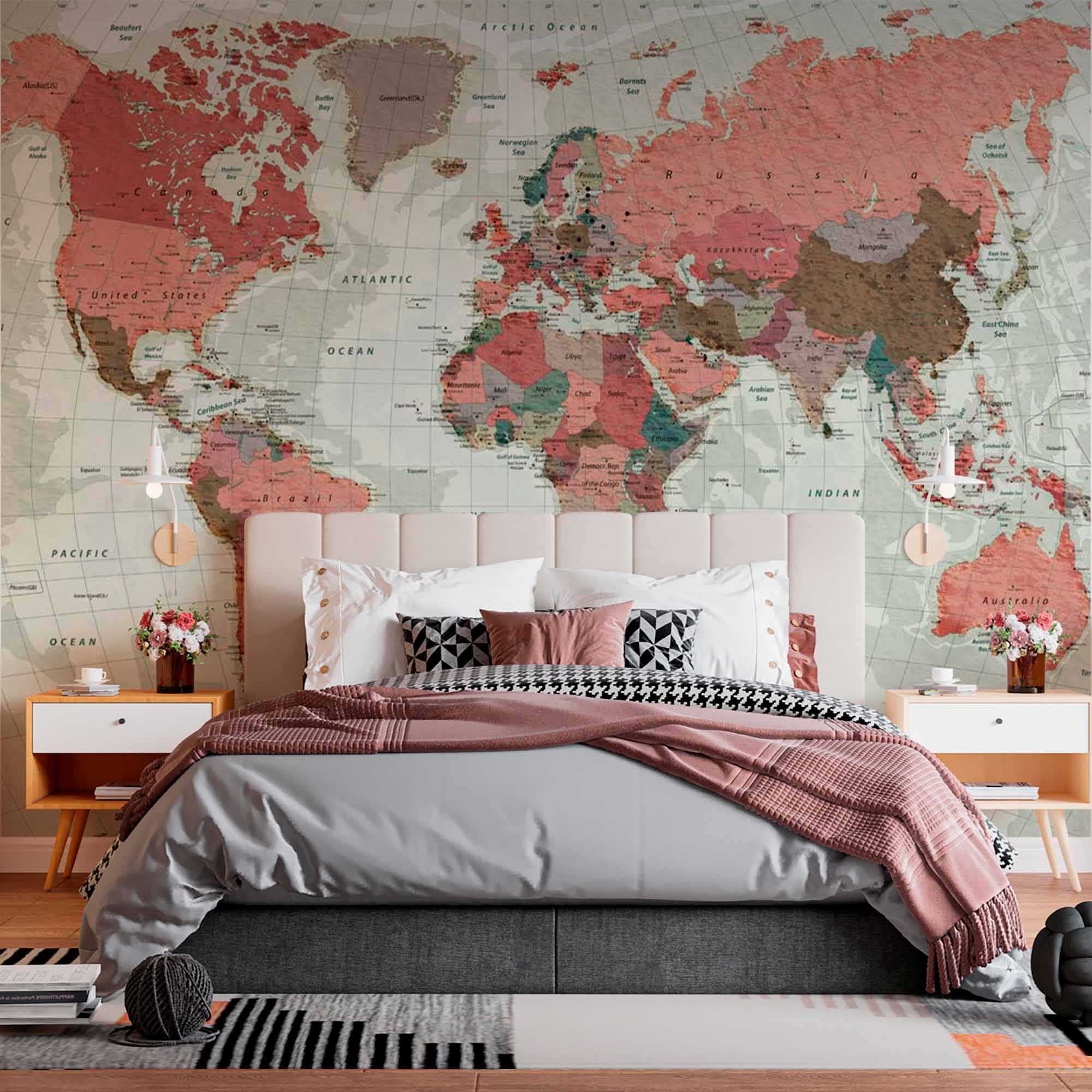 Vintage Style World Map with Red and Brown Tones