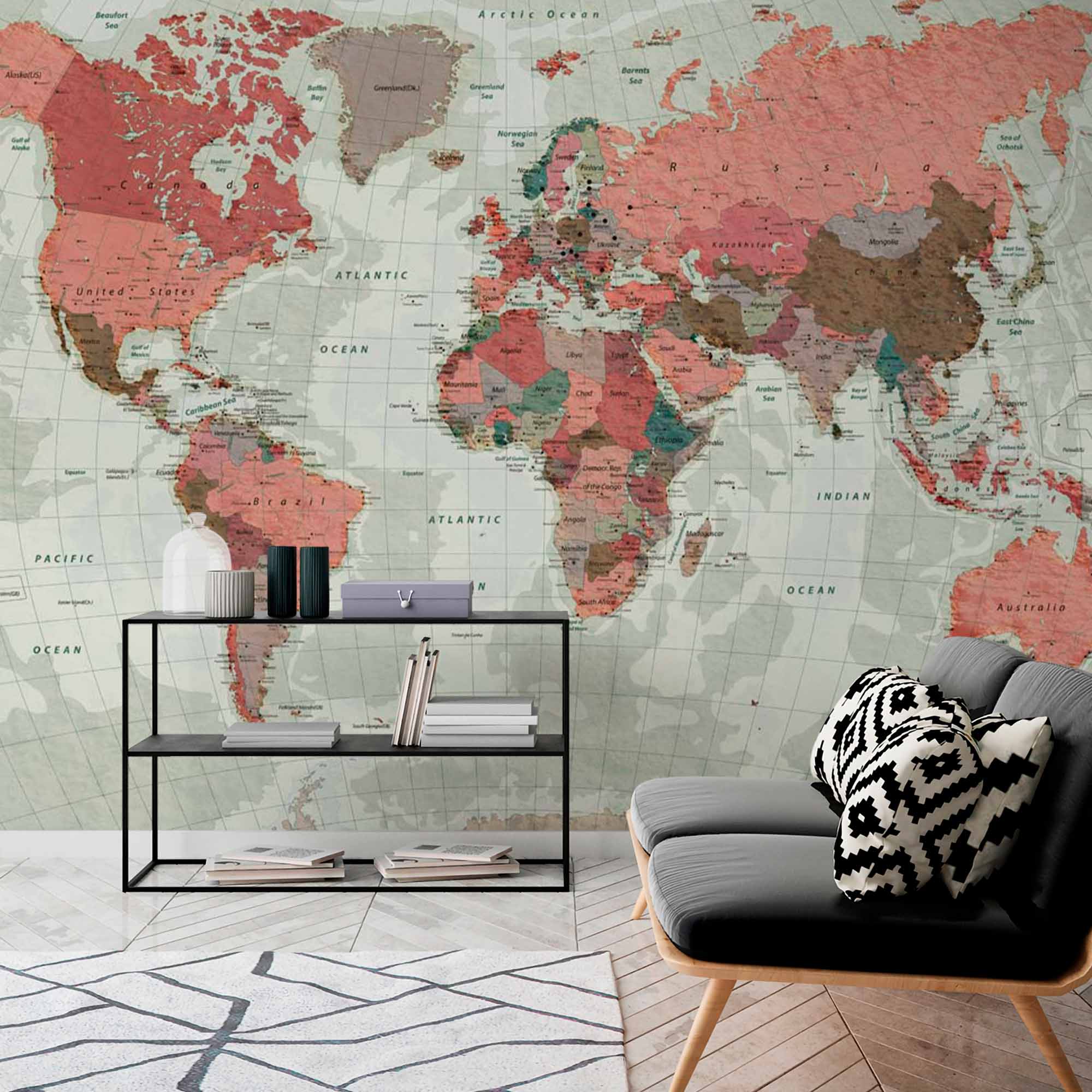 Vintage Style World Map with Red and Brown Tones