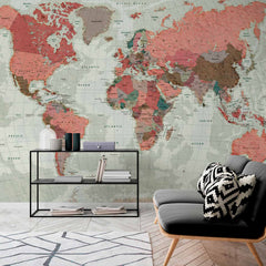 Custom Vintage Style World Map with Red and Brown Tones