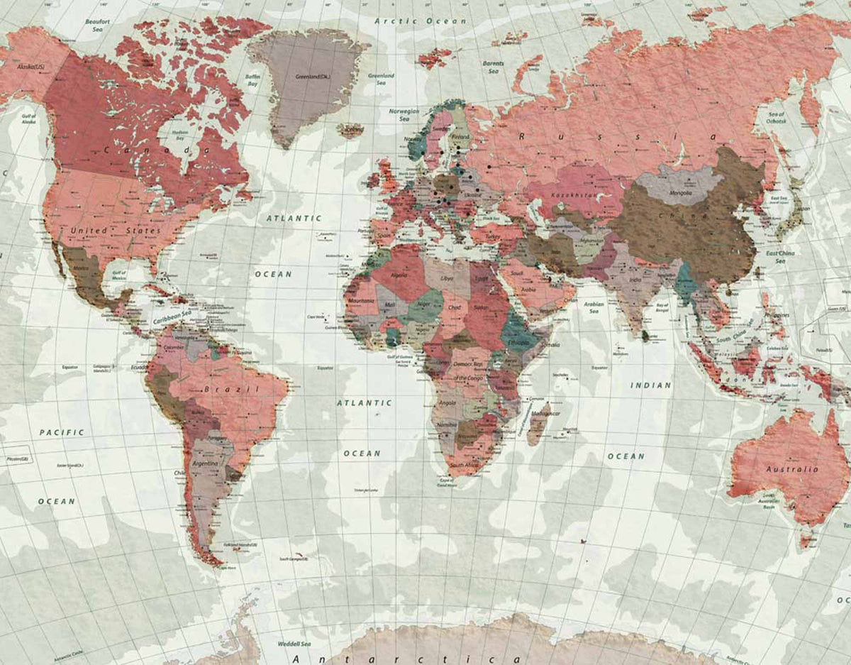 Papier peint carte du monde rouge vintage – Papier peint panoramique carte détaillée dans des tons rouges et marron